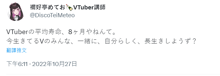日本VTuber禰好亭桑PO文指出，VTuber的平均壽命是8個月。照片來源／禰好亭桑推特
