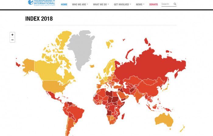 國際透明組織 2018 年評比全球 180 國廉政指數，台灣位居第 31 名。畫面截自 transparency.org